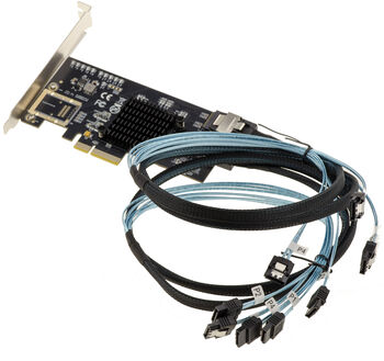 Carte Contrôleur PCIe x4 pour 8 disques SATA 3 6G  avec connecteurs SFF-8087 et cordons MiniSAS vers SATA, chipset Marvell 88SE9215