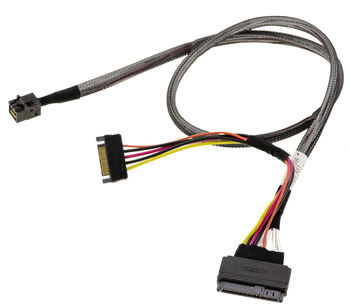 Slim-SAS-Kabel SFF-8643 (Stecker) auf U.2 SFF-8639 mit SATA-Stromversorgung, Länge 80 cm, mit Amphenol-Steckern
