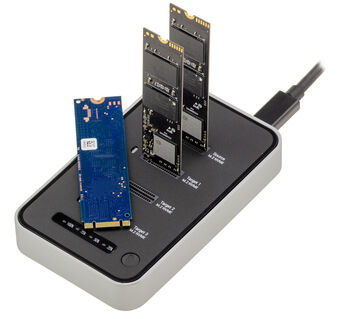 Dock Klonstation für 4 M2 NVMe Gen 3.0 und 4.0 SSDs mit USB4 Thunderbolt 40G Verbindung. Unterstützte Kapazität 32TB