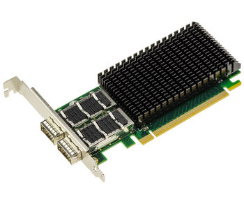 Carte réseau PCIe 4.0 x16 Mellanox ConnectX-5 avec 2 ports QSFP28 jusqu’à 100GbE, fonctions RDMA, RoCE, NVMe-oF, SR-IOV et Jumbo Frame.