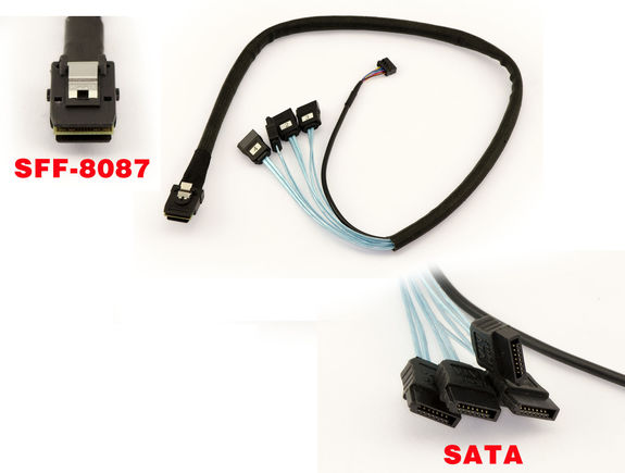 MiniSAS SFF-8087 SAS cable to 4x SATA + Sideband Length 60cm Length 60cm