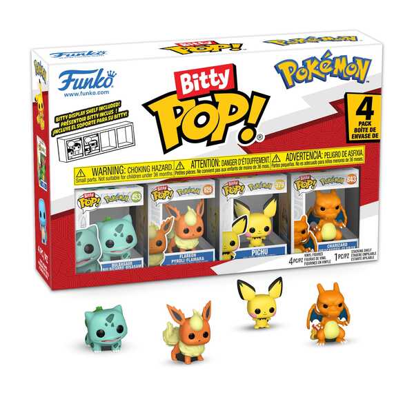 Pokémon pack 4 figurines Bitty POP! Vinyl Series 3 : Bulbizarre, Pyroli, Pichu, Dracaufeu Funko