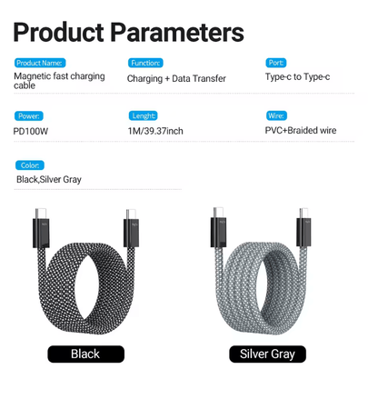Câble Magnétique Nylon 1 Mètre USB-C Vers UBS-C