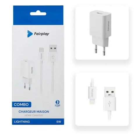 Pack de Charge FAIRPLAY : Adaptateur Secteur 12W + Câble Lightning (Blanc)