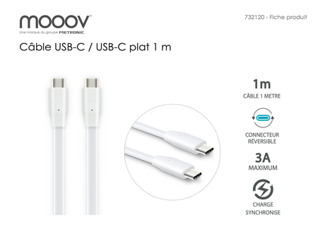 Câble USB-C / USB-C plat 3A 60W 1 m - Blanc