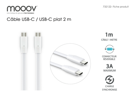 Câble USB-C / USB-C plat 3A 60W 2 m - Blanc