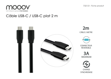 Câble USB-C / USB-C plat 3A 60W 2 m - Noir