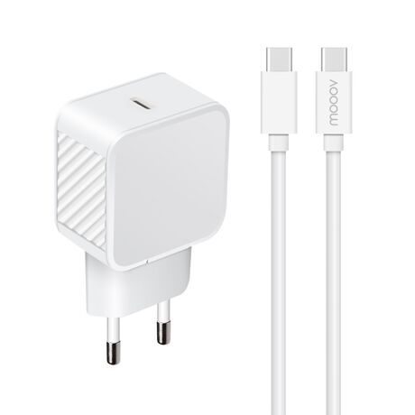 Chargeur secteur 1 USB-C 20W Power Delivery+câble USB-C/USB-C- 1,2 m - Blanc