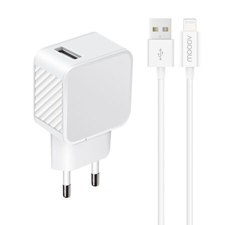 Chargeur secteur 1 USB-A 2.4A Fast Charge+ câble USB-A/MFI - 1,2 m - Blanc