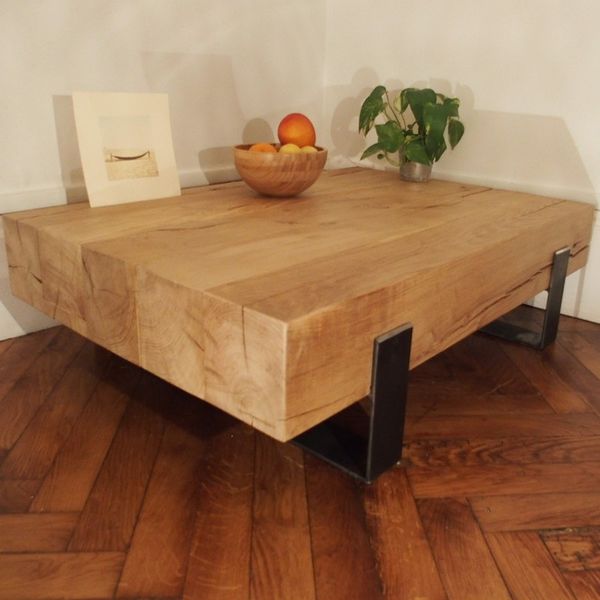 Table basse bois massif charpente  Table de salon chêne brut poutre