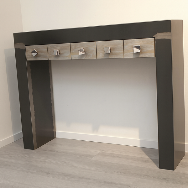 Console scandinave effet bois avec 1 porte coulissante rainurée 2 Console scandinave effet bois avec 1 porte coulissante rainurée 2