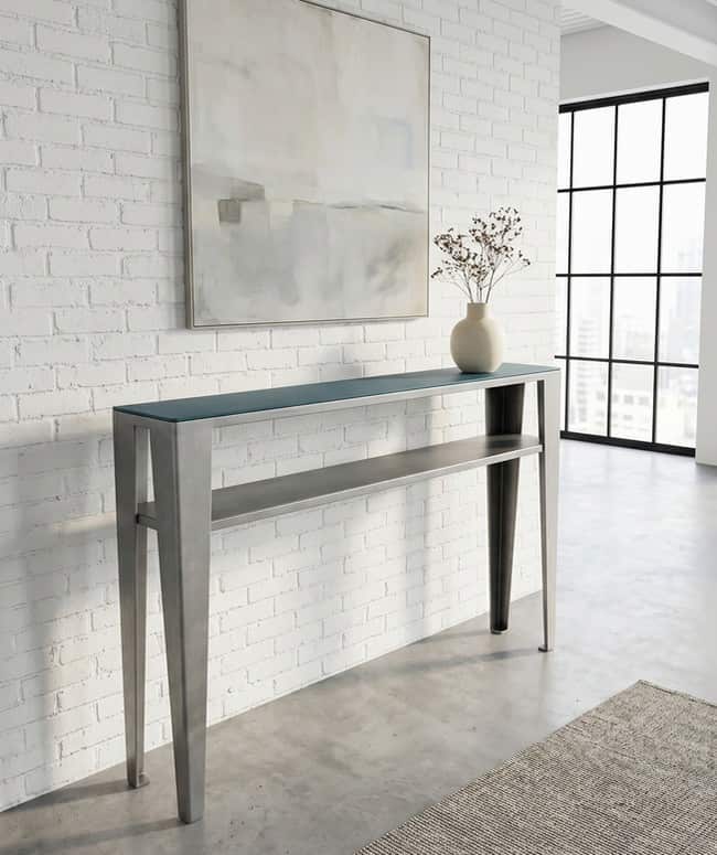 console entrée industrielle acier brossé plateau vert RAL 5020