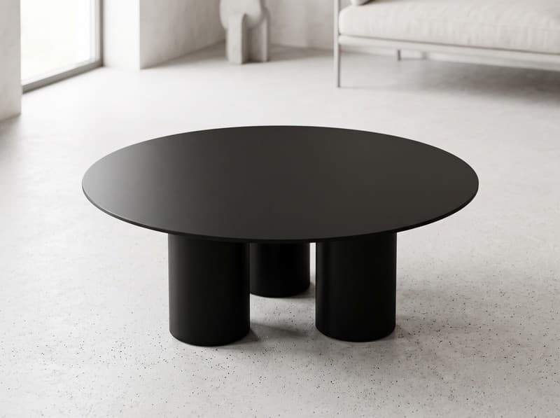 Table basse ronde design en métal thermolaqué noir mat, trois pieds cylindriques, fabrication artisanale française Loftbouti Table basse ronde design en métal thermolaqué noir mat, trois pieds cylindriques, fabrication artisanale française Loftboutik