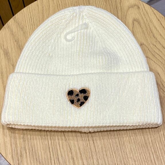 Bonnet Maille Motif Coeur Léopard - Chaud, Tendance & Confortable / 100% Acrylique