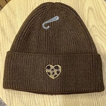 Bonnet Maille Motif Coeur Léopard - Chaud, Tendance & Confortable / 100% Acrylique