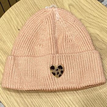 Bonnet Maille Motif Coeur Léopard - Chaud, Tendance & Confortable / 100% Acrylique
