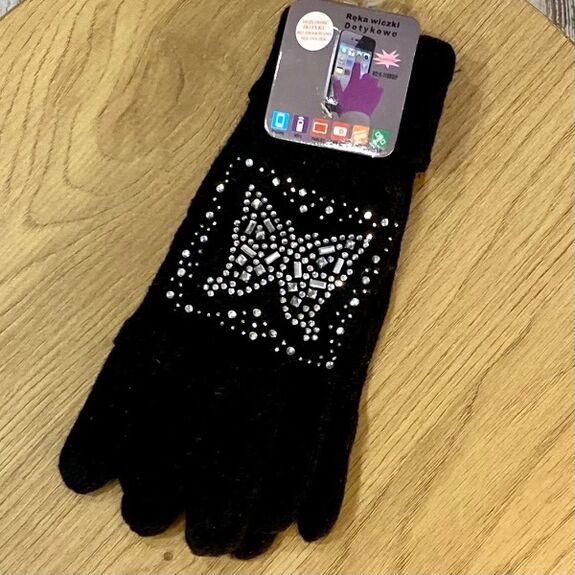 Gants Maille Écru & Noir avec Papillons Strass