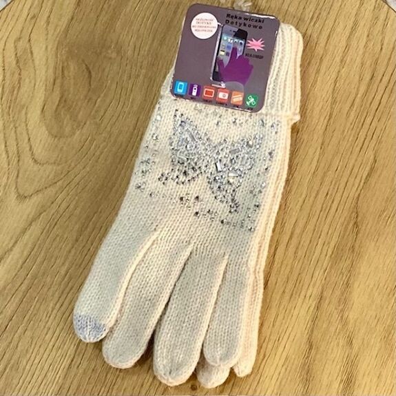 Gants Maille Écru & Noir avec Papillons Strass