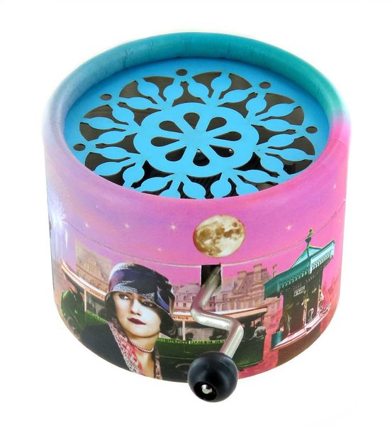 Hand-cranked music box with round cardboard box and 18-note musical ...