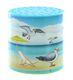Traditionelle Möwedose (Möwe-Dose) oder Möwestimme mit einem Etikett, das Möwen in der Nähe eines Strandes darstellt - Kennummer dieser Möwedose (Möwe-Dose) oder Möwestimme: 5850010A.