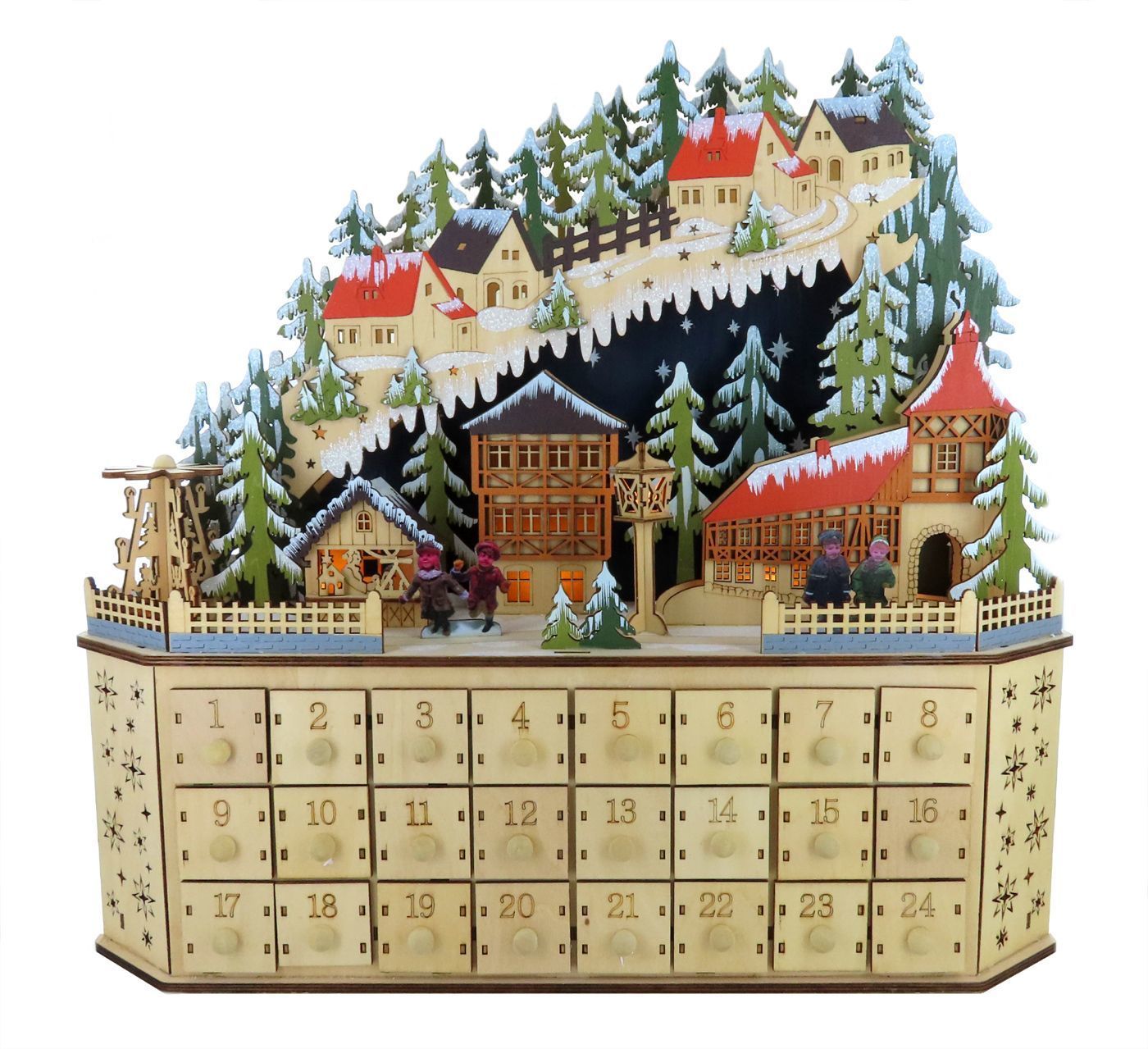 Wooden musical Advent calendar with mountain scene (houses, fir trees