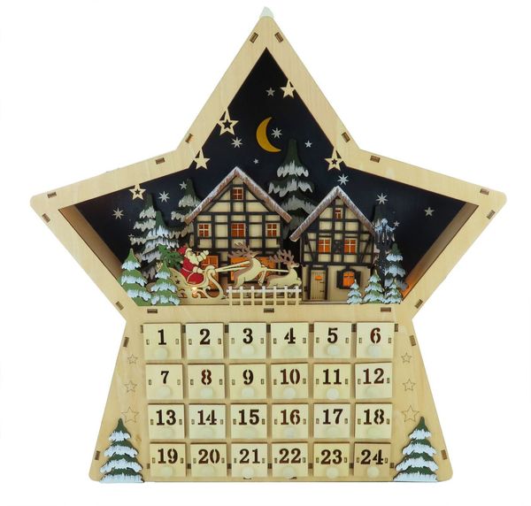 Wooden musical Advent calendar in the shape of a star with Santa and his sleigh - Item# for this musical Advent calendar: 61005.