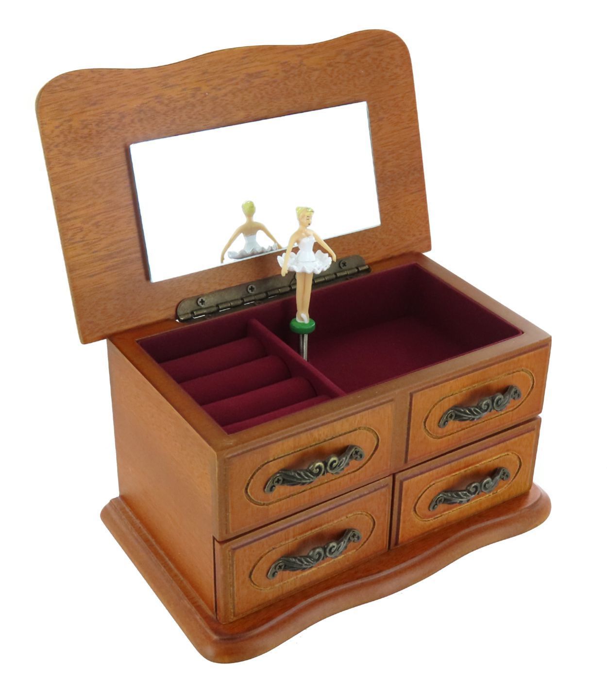 Carillon Portagioie Con Ballerina In Movimento Carillon portagioie di legno con ballerina, specchio, due cassetti e