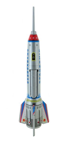 Mechanical tin toy depicting a rocket with its astronaut Item# of this