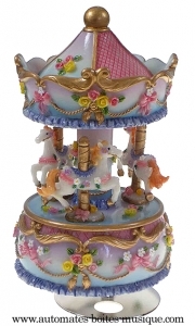 Miniature musical carousel made of resin with traditional 18 note musical mechanism - Item # for this miniature musical carousel : 14142