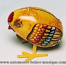 Mechanisches Sammlerspielzeug aus gefalztem Metall, Blech und Weißblech : mechanisches Spielzeug Kücken.