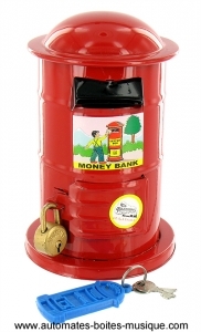 Mechanisches Sammlerspielzeug aus gefalztem Metall, Blech und Weißblech : mechanisches Blechspielzeug Spardose Briefkasten.