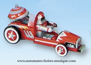 Mechanisches Sammlerspielzeug aus gefalztem Metall, Blech und Weißblech : mechanisches Spielzeug Auto mit Kosmonaut.