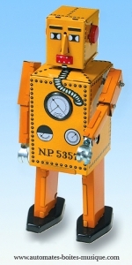 Mechanisches Sammlerspielzeug aus gefalztem Metall, Blech und Weißblech : mechanisches Spielzeug kleiner Roboter gelb.