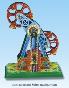 Mechanisches Sammlerspielzeug aus gefalztem Metall, Blech und Weißblech : mechanisches Spielzeug doppeltes Riesenrad.