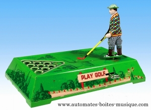 Mechanisches Sammlerspielzeug aus gefalztem Metall, Blech und Weißblech : mechanisches Blechspielzeug Golfspieler.