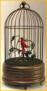 Automa uccello canterino musicale con gabbia d'antiquariato e meccanismo particolarmente complesso - Codice di questo automa uccello canterino meccanico : OC-106