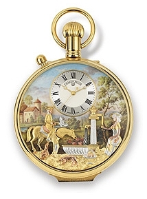 Taschenuhr mit Spieluhr und Automaten von Reuge "Der Brunnen" mit polychrom lackierten Ziffernblatt.