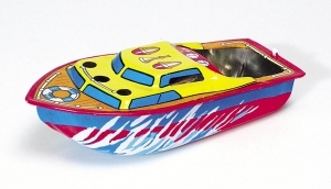 Collectable tin toy pop-pop boat made of steel with 2 candles, 1 plastic tube and instructions - Item # for this collectable tin toy pop-pop boat : 769
