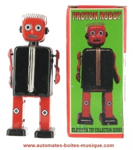 Giocattolo meccanico da collezione di metallo : robot meccanico di metallo, lamiera e latta con chiavetta di ricarica - Codice di questo robot meccanico di metallo, lamiera e latta : PROTON ROBOT
