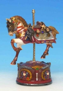 Animiertes miniatur Pferd mit Spieluhr aus Kunstharz : Pferd eines Karoussells.