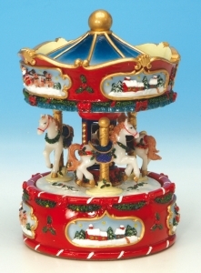 Christmas miniature musical carousel made of resin with traditional 18 note musical mechanism - Item # for this Christmas miniature musical carousel: 47009