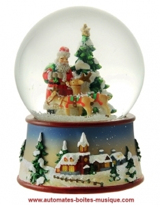 Sfera musicale natalizia con neve di polystone : sfera musicale con neve "Albero di Natale e Babbo Natale".