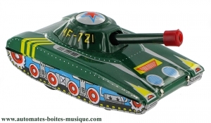 Collectable mechanical tin toy : tank with a trap door on the tower made of sheet metal and tin.