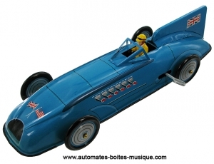 Collectable mechanical toy made of metal and tin : blue race car.