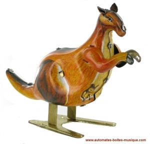 Juguete mecánico de colección de metal, chapa y hojalata brochada : juguete mecánico "Canguro saltador".