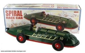 Giocattolo meccanico da colleione di metallo, lamiera e latta aggraffati : giocattolo meccanico "Automobile verde da corsa".