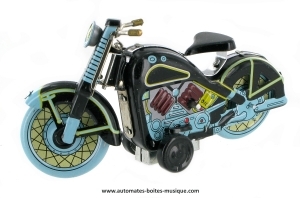 Giocattolo meccanico di metallo, lamiera e latta aggraffati : giocattolo meccanico "Motocicletta nera e azzurra".