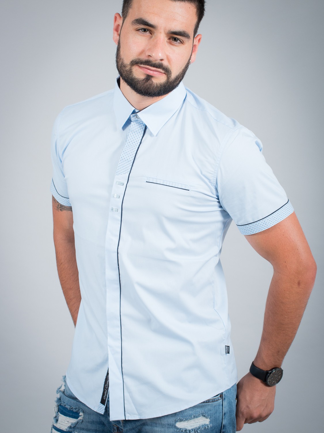 Courte Bleu Chemise Italienne 988 Homme Ciel Manche kZlOiwTXuP