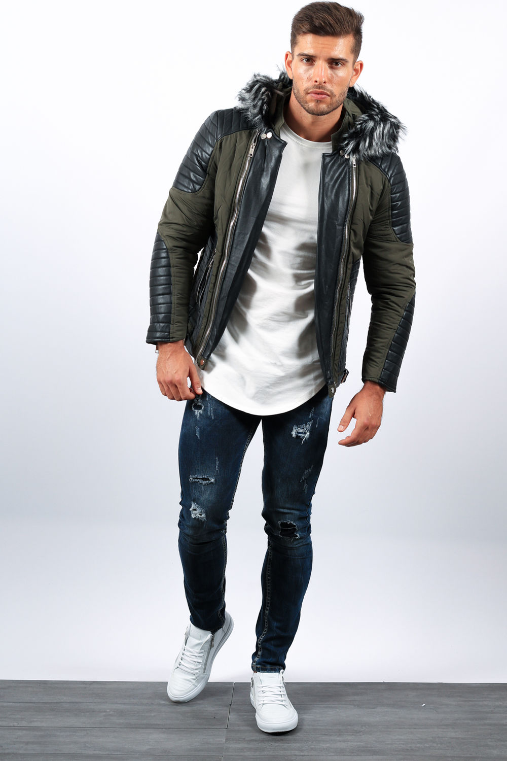 perfecto homme noir 514 pas cher VESTE BLOUSON HOMME STYLE BI MATIÈRE MANCHES SIMILI CUIR