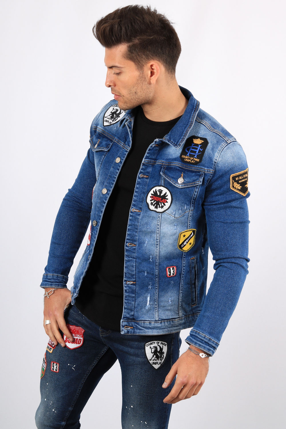Veste en jeans bleu patchs 013 Veste en jeans bleu patchs 130